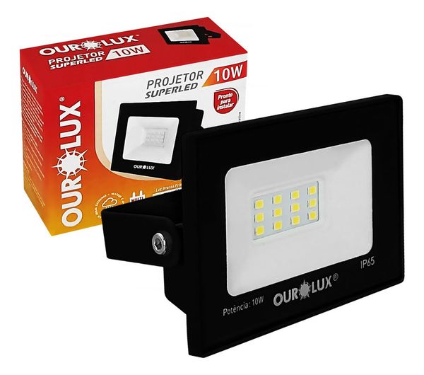 Refletor Led Pro Preto 10w Bivolt Branco Quente Ourolux
