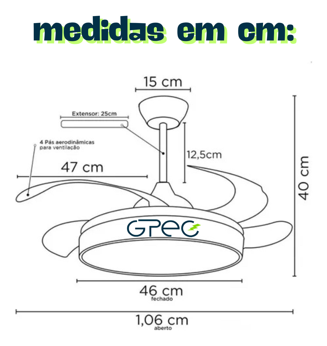 Ventilador Teto Retratil Controle Remoto Led 3 Cores 4 Pás