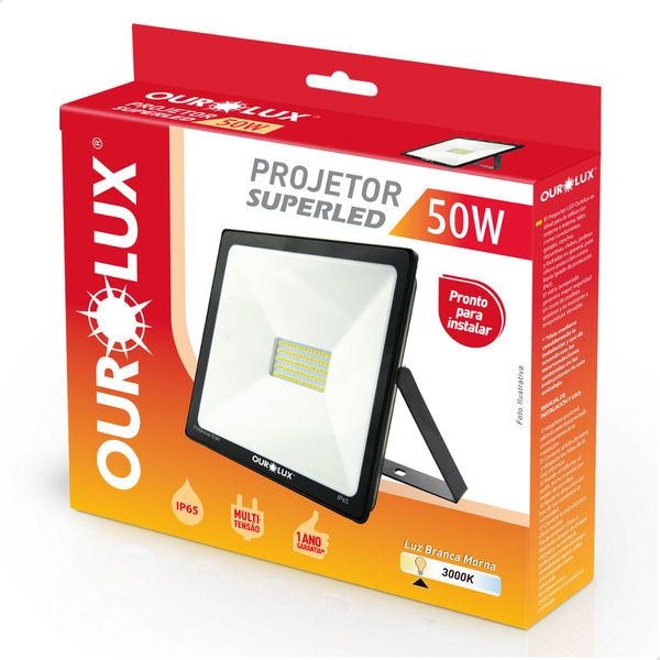 Refletor Led 50w 3000k Slim Luz Branca Morna Preto Ourolux