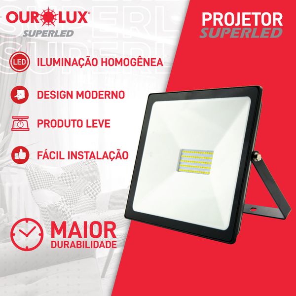 Refletor Led 50w 3000k Slim Luz Branca Morna Preto Ourolux