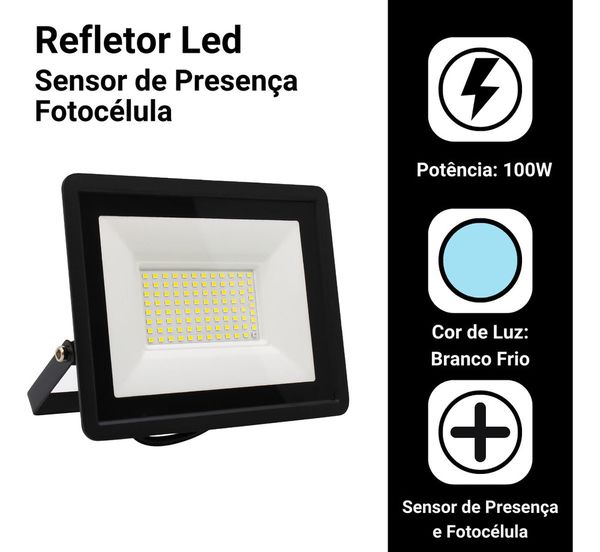 Refletor Led 100w Bivolt Prova D'agua C/ Sensor De Presença