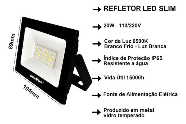 Refletor Led Slim 20w Bivolt Prova D'água 6500k Ourolux