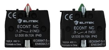 Bloco de contato auxiliar para botoeiras e chaves seletoras da marca Elitek, modelo ECONT.