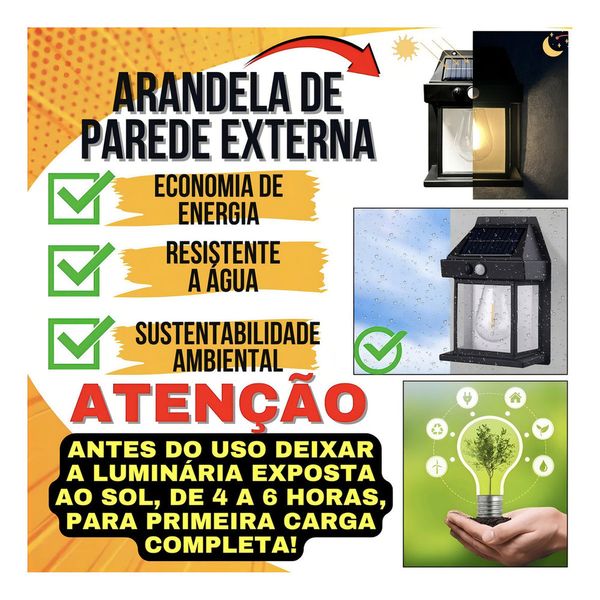 Arandela De Parede Com Luz Solar Sensor De Presença Cor Preto