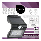 Arandela Solar Demi V Led 1,5w 3000k C/ Sensor De Mov. Pto