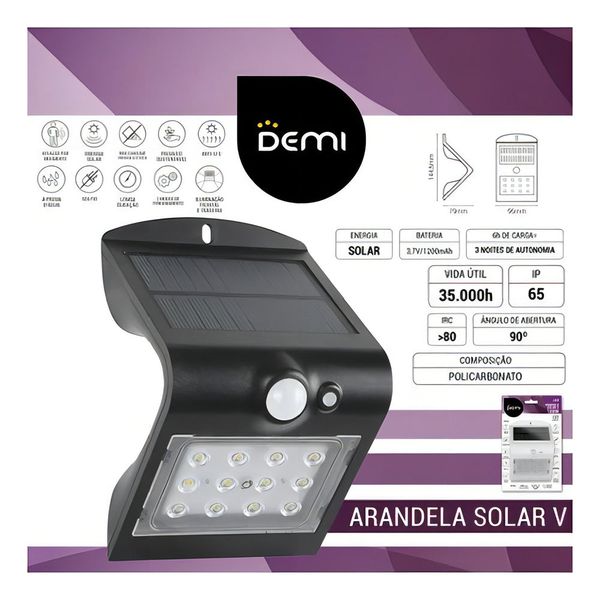 Arandela Solar Demi V Led 1,5w 3000k C/ Sensor De Mov. Pto