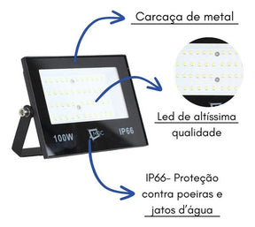 Refletor Led 100w Smd Prova D´água Ip66 Holofote 6500k Slim