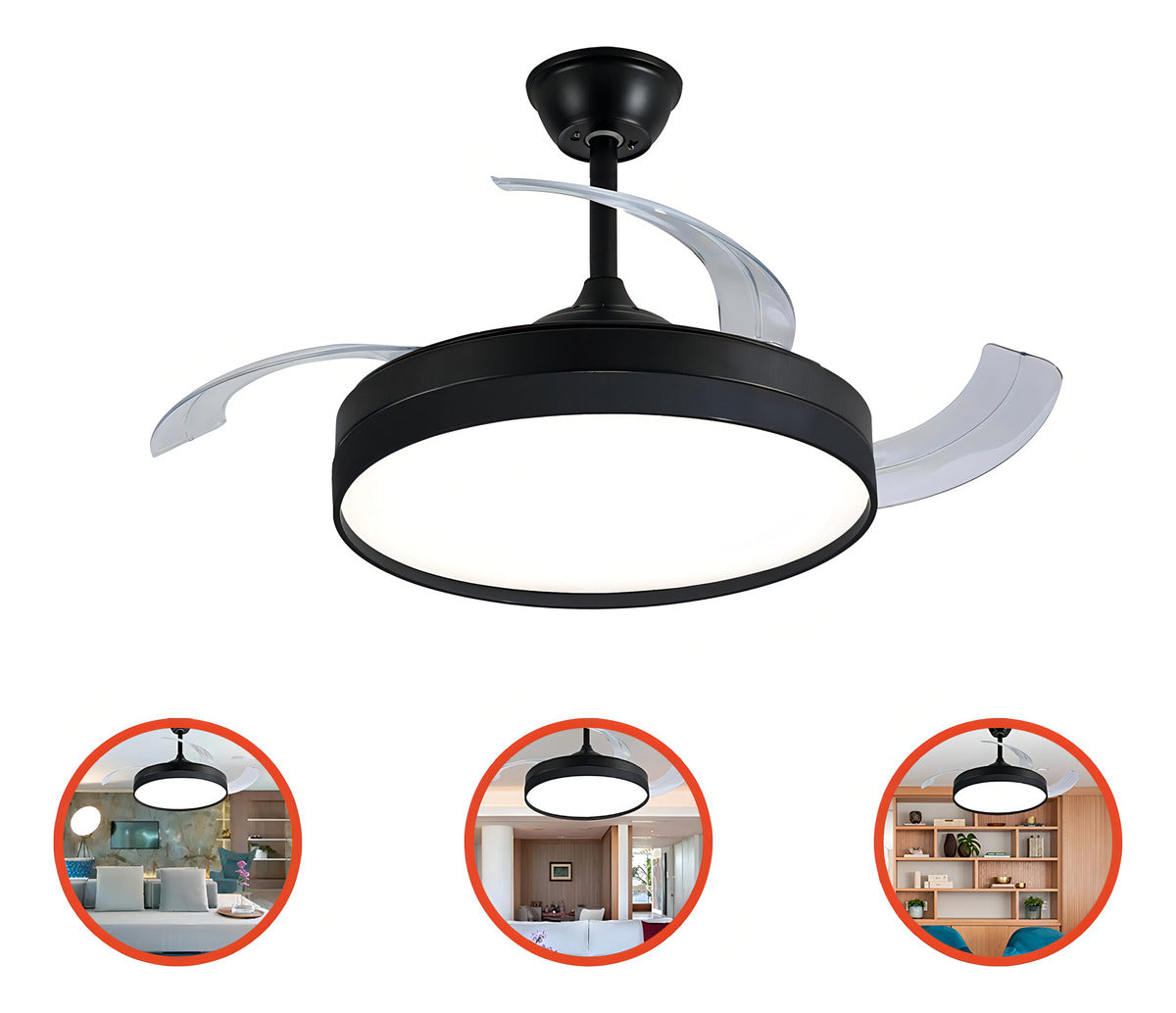 Ventilador Teto Retratil Controle Remoto Led 3 Cores 4 Pás PRETO