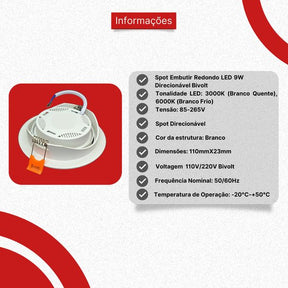 Spot Embutir Redondo Led 9w Direcionável Bivolt