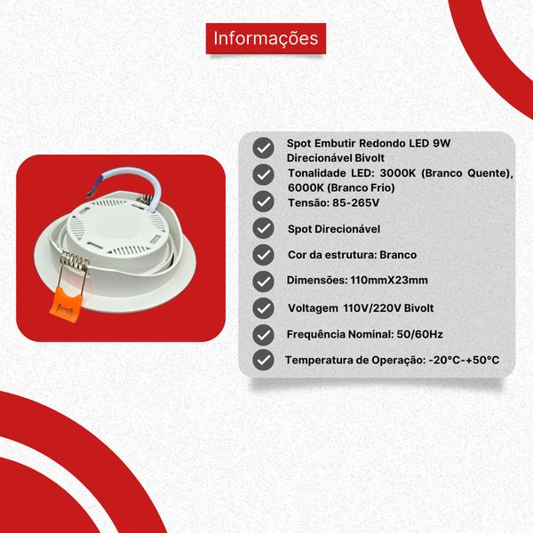 Spot Embutir Redondo Led 9w Direcionável Bivolt