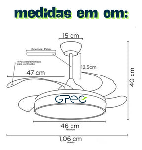 Ventilador Teto Retratil Controle Remoto Led 3 Cores 4 Pás