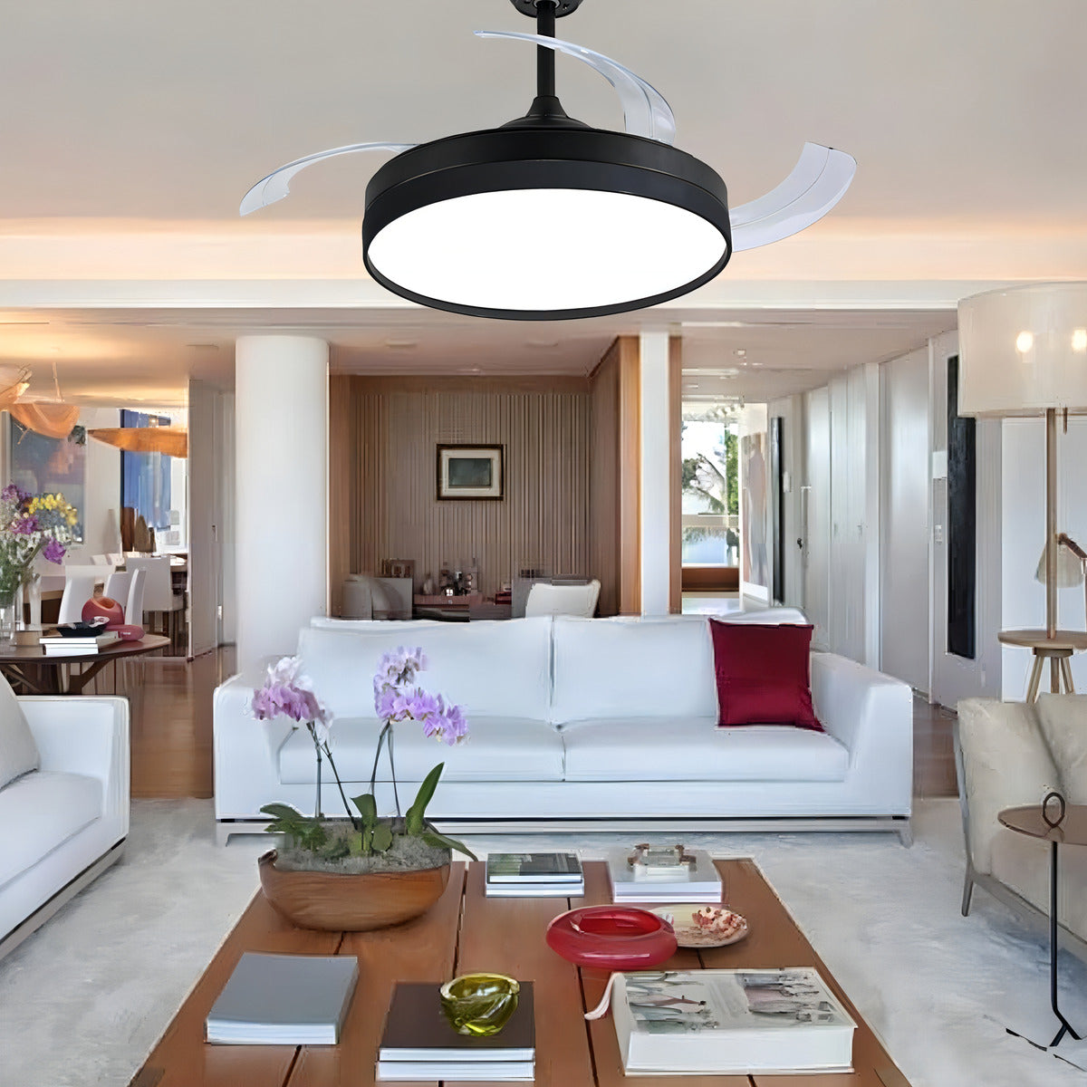 Ventilador Teto Retratil Controle Remoto Led 3 Cores 4 Pás PRETO