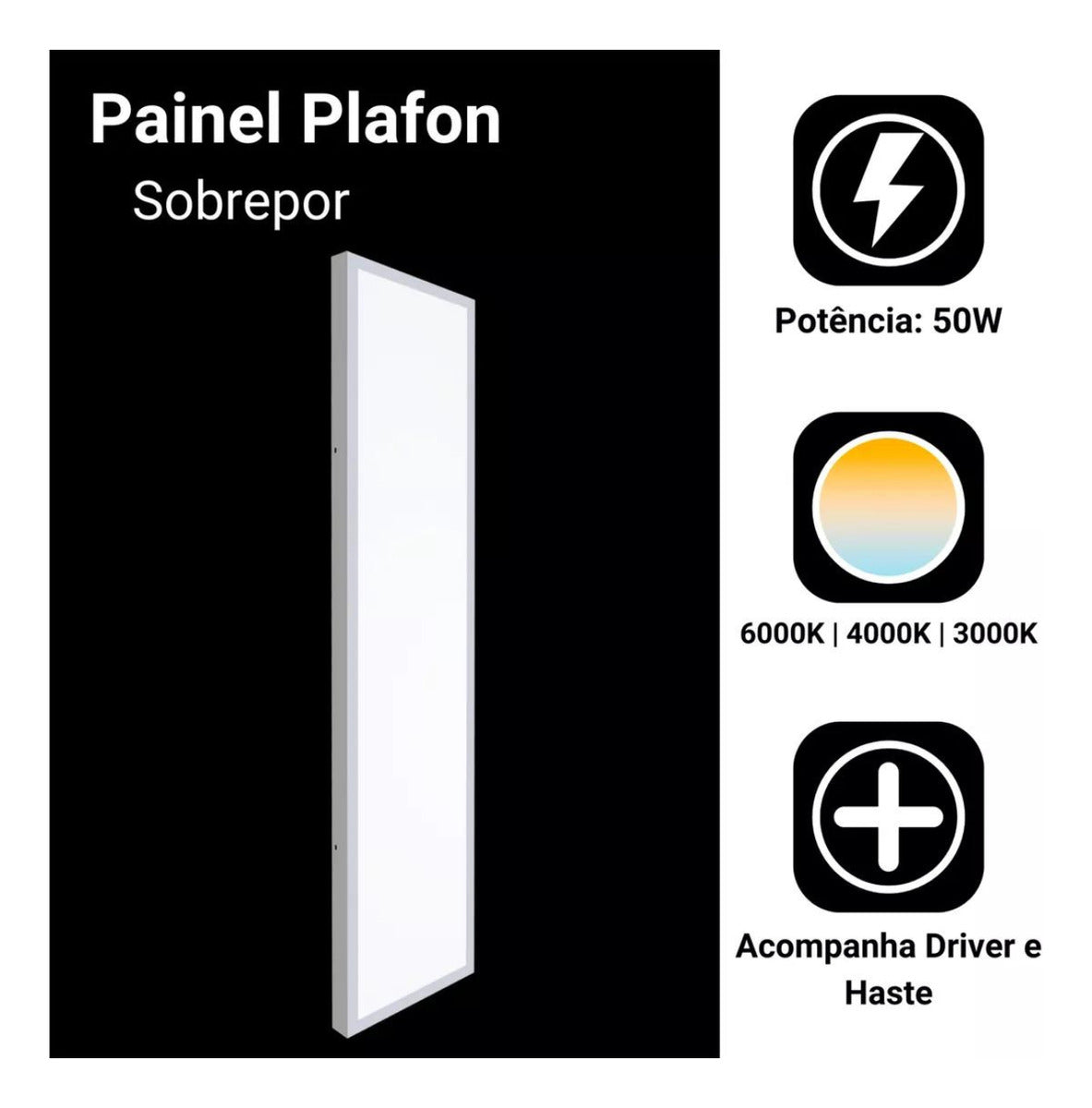 Kit com 2 Painéis LED de Sobrepor 30x120cm 6500K - Luz Branca Fria e Potente